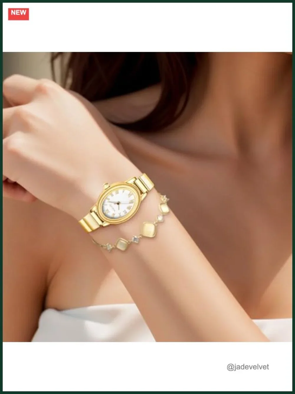 Small Gold Women's Quartz Watch Stainless Steel Expansion Band Oval Roman Dial